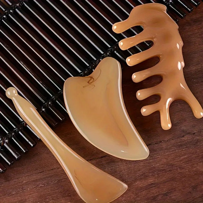 3 Parça Reçine Gua Sha Meridyen Masaj Seti Cilt Bakım Terapisi Yüz Boyun Akupresür Seti AT-127