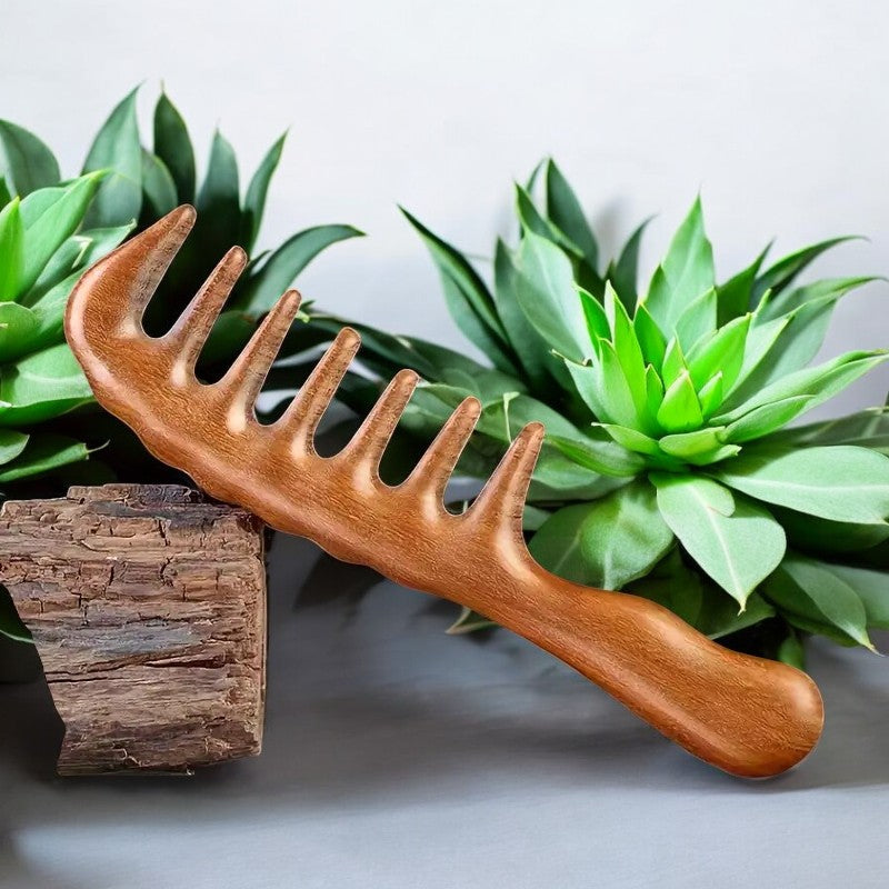 Sorendy Kıvırcık Saçlar için Ahşap Sandal Ağacı Geniş Dişli Tarak AT-118 - 20 cm Seyrek Dişli Doğal