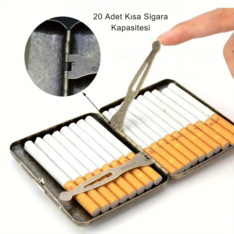 Kısa Sigara Tabakası Kutusu Retro Tasarım Çift Taraflı Tabla Saklama Kutusu ST-108 Metal 95 mm Kare