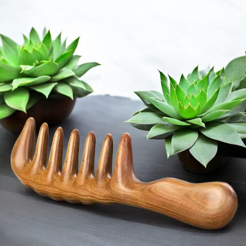 Sorendy Kıvırcık Saçlar için Ahşap Sandal Ağacı Geniş Dişli Tarak AT-118 - 20 cm Seyrek Dişli Doğal