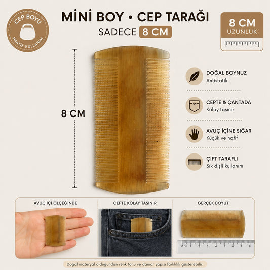 Sorendy Doğal Kemik Tarak Mini Bit Kepek Tarağı Cep Tarağı 8 cm Çift Taraflı Sığır Boynuzu El Yapımı KT-125