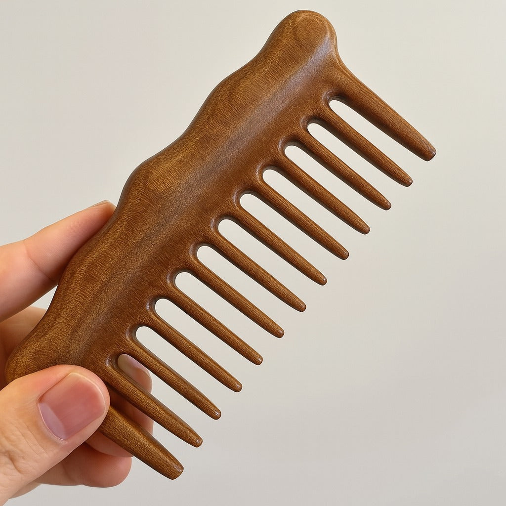 Sorendy Geniş Seyrek Dişli Ahşap Tarak Kafa Derisi Masaj Bakım için Sandal Ağacı AT-142 - 12 cm Mini Boy