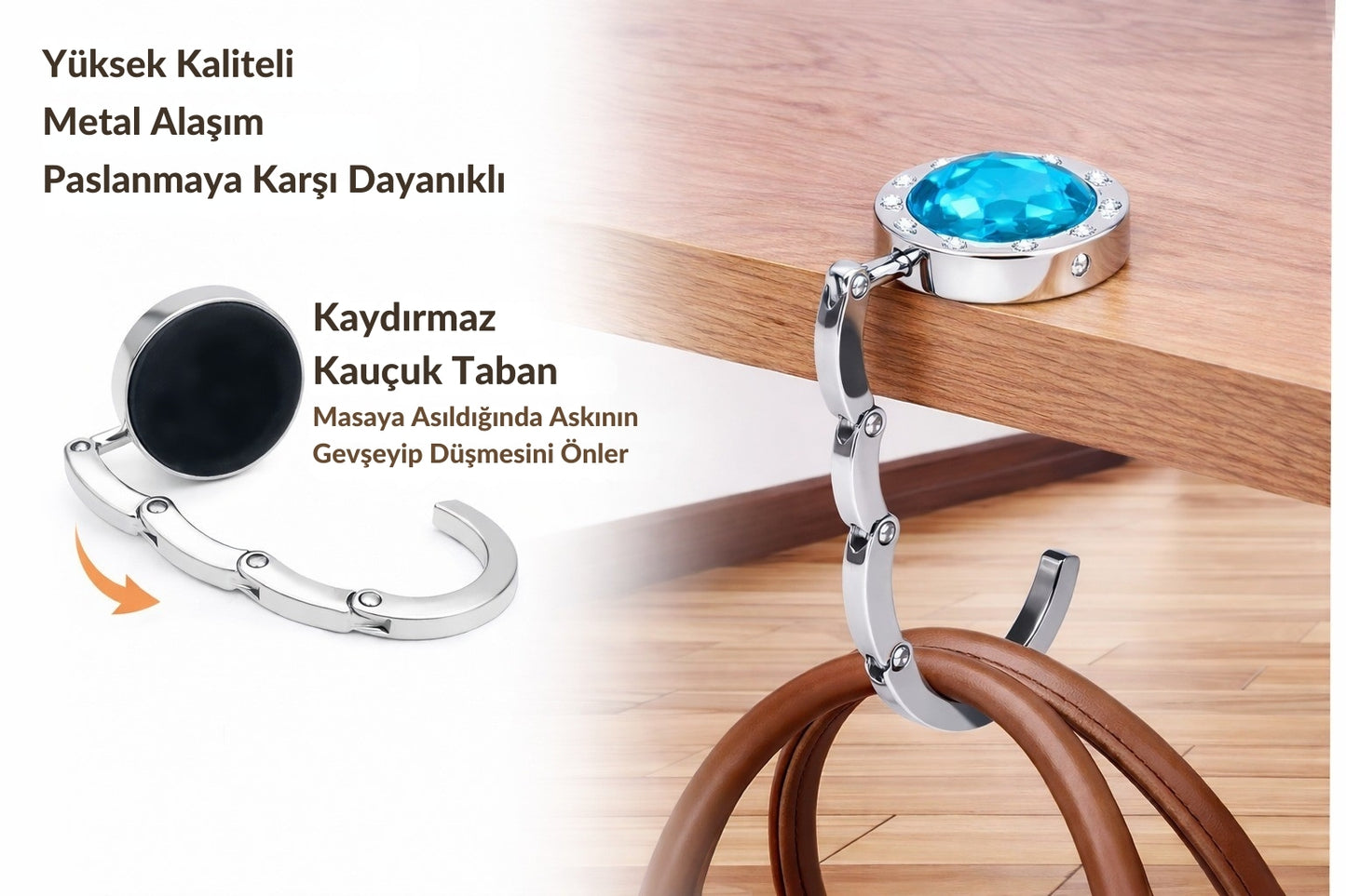 Kristal Taşlı Katlanır Çanta Askısı Masa Kenarı Asma Aparatı Metal Askılık CTA-106 - Mavi - 1 Adet