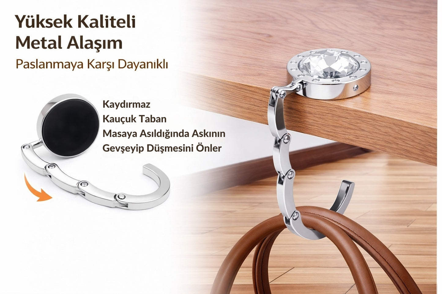 Kristal Taşlı Katlanır Çanta Askısı Masa Kenarı  Asma Aparatı Metal Askılık CTA-106 - Beyaz - 1 Adet