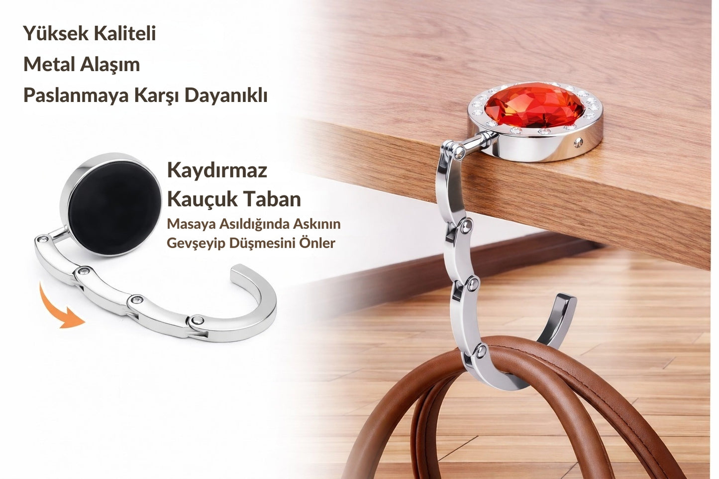 Kristal Taşlı Masa Kenarı Çanta Askısı Katlanır Asma Aparatı Metal Askılık CTA-106 - Kırmızı -1 Adet