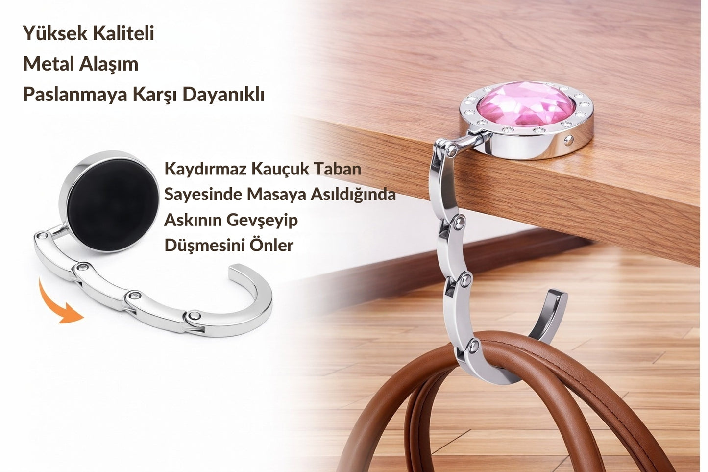 Kristal Taşlı Masa Kenarı Çanta Askısı Katlanır Asma Aparatı Metal Askılık CTA-106 - Pembe -1 Adet