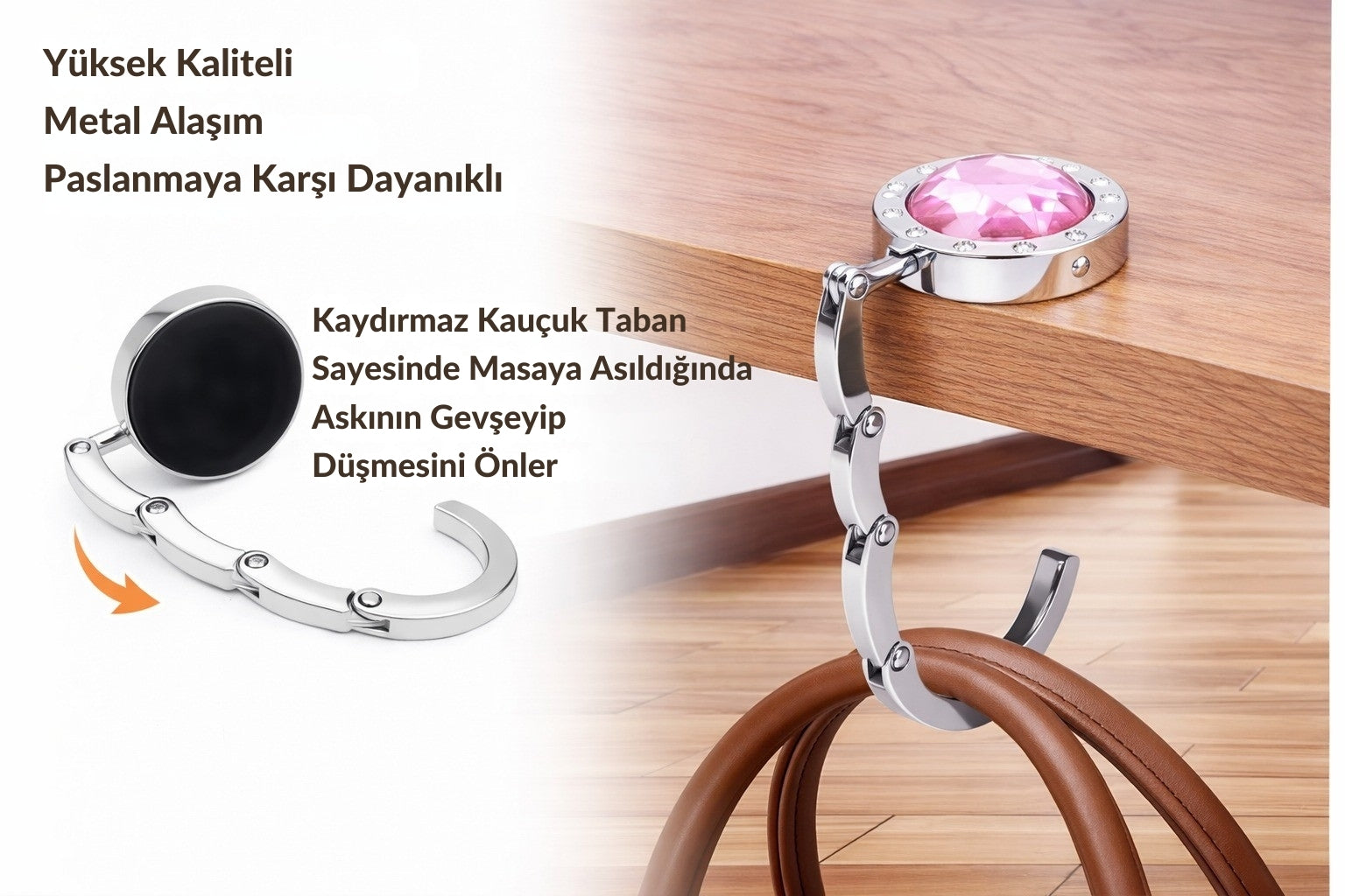 
Kristal Taşlı Masa Kenarı Çanta Askısı Katlanır Asma Aparatı Metal Askılık CTA-106 - Pembe -1 Adet