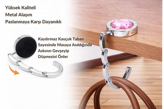 
Kristal Taşlı Masa Kenarı Çanta Askısı Katlanır Asma Aparatı Metal Askılık CTA-106 - Pembe -1 Adet