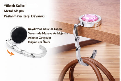 Kristal Taşlı Masa Kenarı Çanta Askısı Katlanır Asma Aparatı Metal Askılık CTA-106 - Pembe -1 Adet