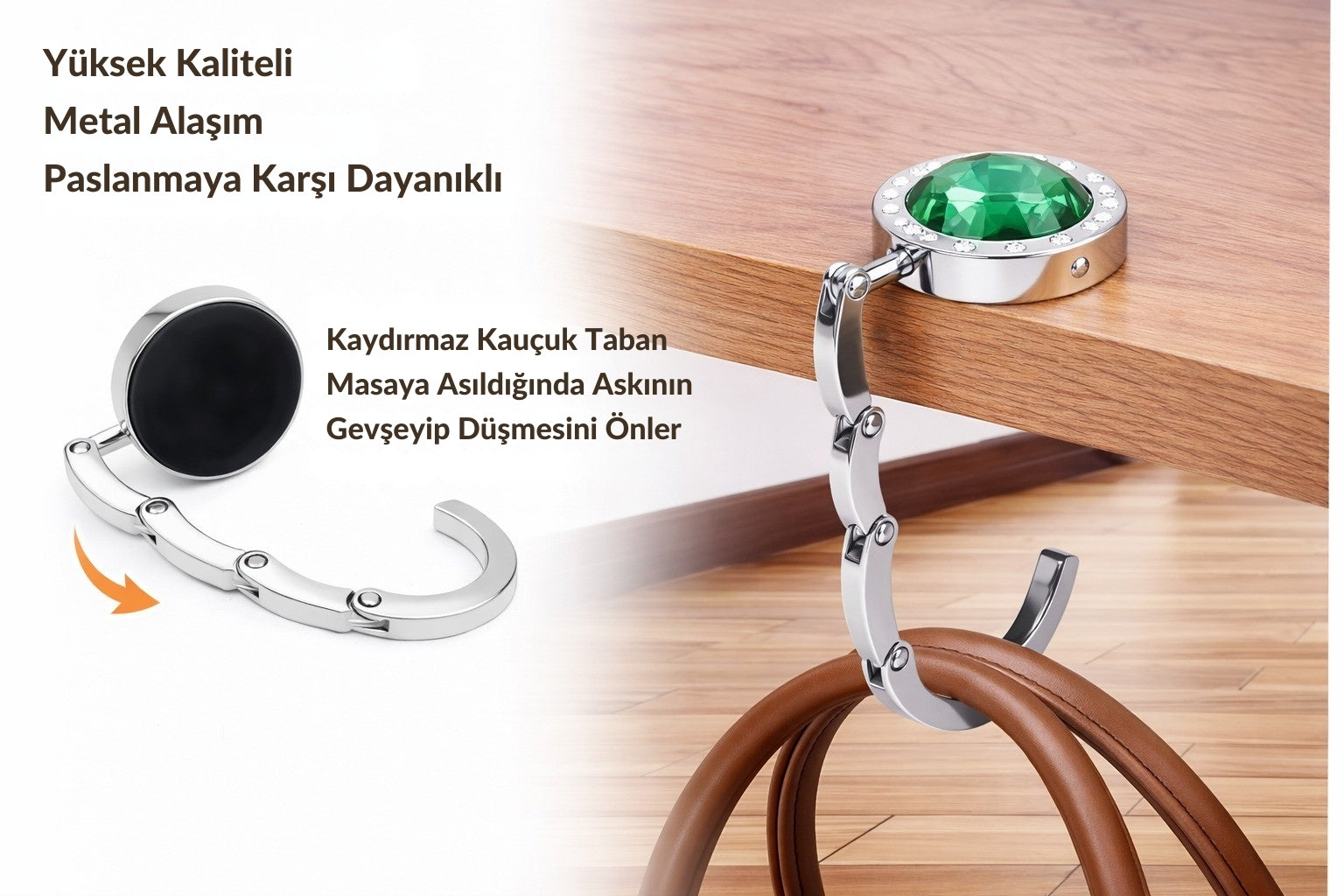 
Kristal Taş Detaylı Katlanır Çanta Askısı Masa Kenarı Asklık Asma Aparatı CTA-106 - Yeşil -1 Adet