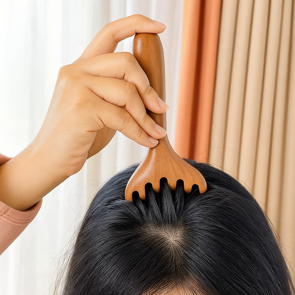 Ahşap Saç Derisi Masaj Tarağı  Aleti Saplı Tarak Meridyen Gua Sha Masaj Aparatı  Tarak AT-138