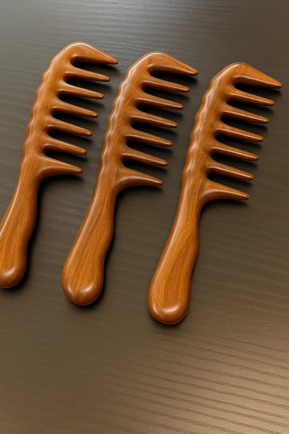 Sorendy Kıvırcık Saçlar için Ahşap Sandal Ağacı Geniş Dişli Tarak AT-118 - 20 cm Seyrek Dişli Doğal