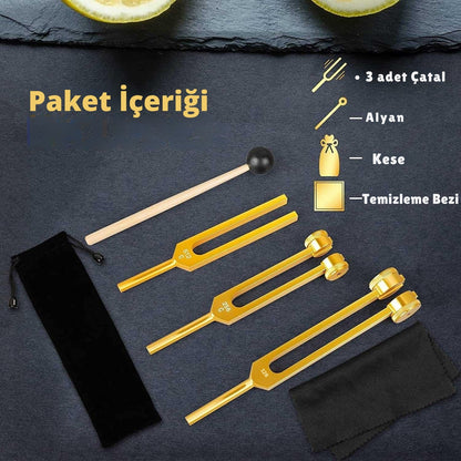 3'lü Akort Çatalı Seti Fork Meditasyon Müzik  Solfej Çatalı Yoga Terapi  Enerji Çakra 528 hz Frekans