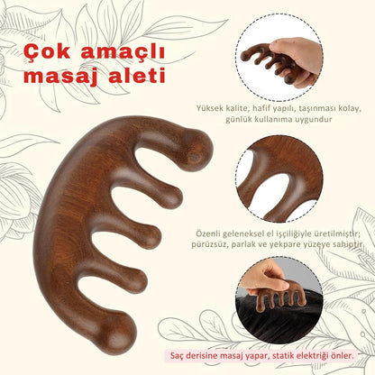 Sorendy Saç Derisi Tarağı Masaj Aleti Ahşap Tarak Meridyen Gua Sha Masaj Aparatı Geniş Dişli Tarak AT-113