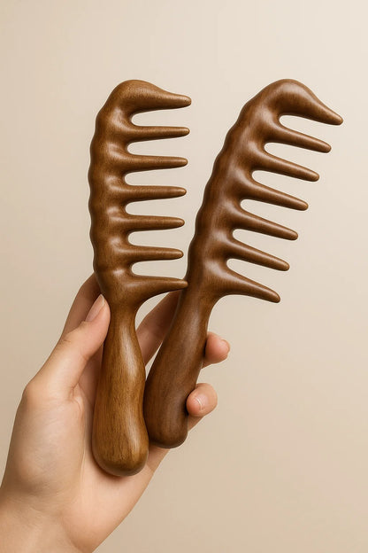 Sorendy Kıvırcık Saçlar için Ahşap Sandal Ağacı Geniş Dişli Tarak AT-118 - 20 cm Seyrek Dişli Doğal