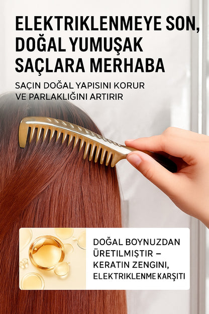 Sorendy Doğal Sığır Boynuzu Kemik Tarak Seyrek Dişli  İnce Gövde Saplı Boynuz Tarağı KT-146 - 19 cm