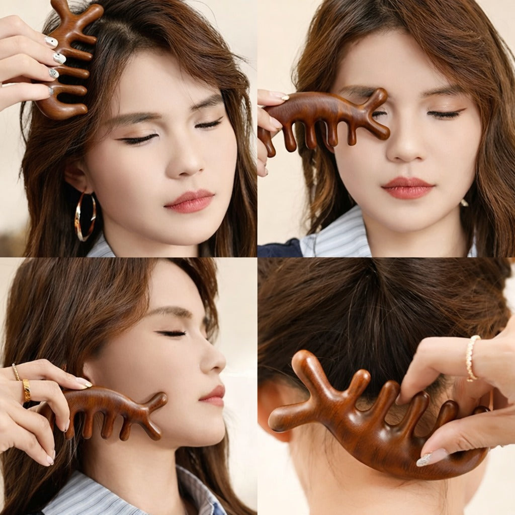 Doğal Ahşap Kafa Derisi Masaj Tarağı Gua Sha Meridyen Akupresür Geniş Dişli Scalp Tarak AT-146