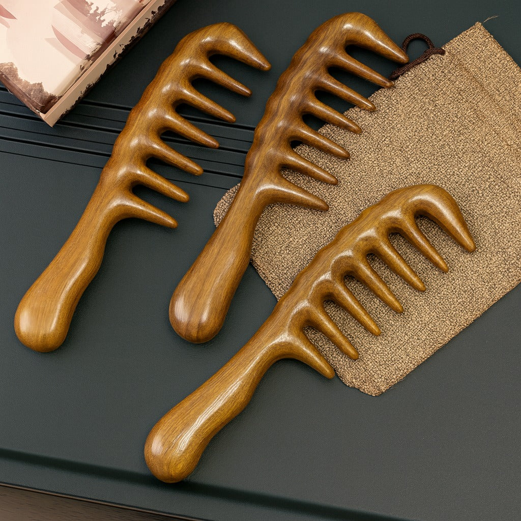 Sorendy Kıvırcık Saçlar için Ahşap Sandal Ağacı Geniş Dişli Tarak AT-118 - 20 cm Seyrek Dişli Doğal