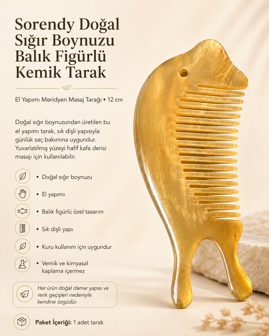Sorendy Doğal Sığır Boynuzu Balık Figürlü Kemik Tarak El Yapımı Meridyen Masaj Tarağı KT-170 - 11 cm