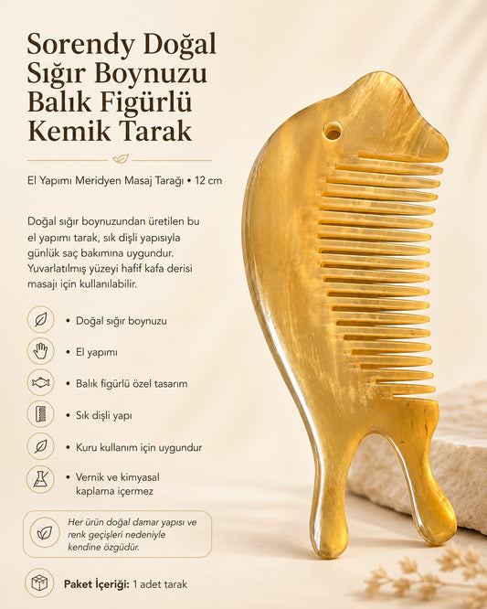 Sorendy Doğal Sığır Boynuzu Balık Figürlü Kemik Tarak El Yapımı Meridyen Masaj Tarağı KT-170 - 11 cm